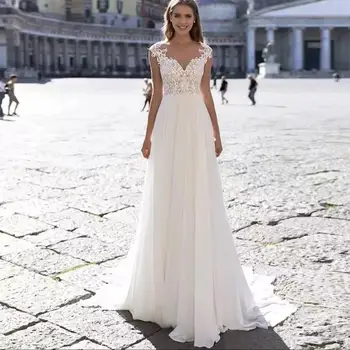 2022 Элегантные свадебные платья трапециевидной формы с прозрачным вырезом, Шифоновое свадебное платье с иллюзией спины, Свадебное платье Robe De Mariée, кружевная аппликация, Vestido De Noiva