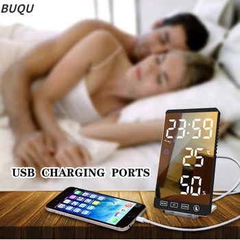 BUQU 6-Дюймовый светодиодный Зеркальный Будильник, Сенсорная кнопка, Настенные цифровые часы, Отображение времени, температуры, влажности, USB-порт Вывода, Настольные часы
