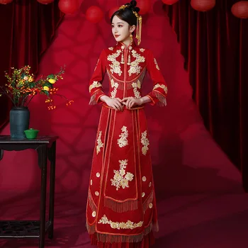 Embroidery Flowers Chinese Wedding Dress Bride Traditional  Banquet Costume Classic Cheongsam China Qipao костюм для восточных
