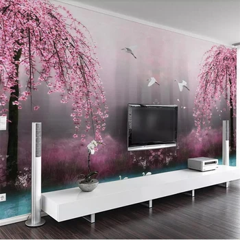 beibehang Красивая мечтательная розовая вишня лебединое озеро пейзаж ТВ фон стены пользовательские большие фрески зеленые обои papel de parede