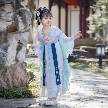 Детский Старинный костюм Сказочной Принцессы, Синее китайское традиционное платье с цветочной вышивкой Hanfu