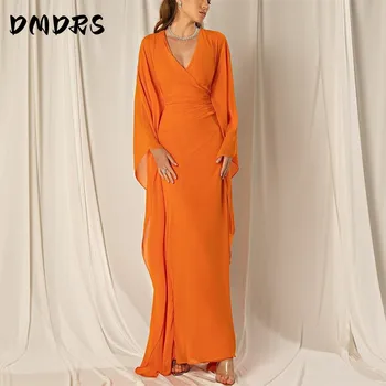 Длинный V-образным вырезом шифон вечерние платья с рукавами فساتين سهرة оболочки оранжевый лодыжки длина платья выпускного вечера для женщин