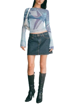 Женская Рубашка Y2K Star Bell с Длинным рукавом, Эстетичные Базовые Укороченные Топы, Сказочный Гранж, Прозрачная Уличная Одежда