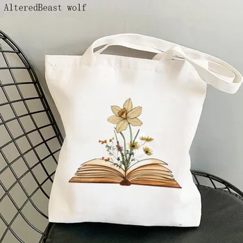 Женская сумка для покупок, книга с цветочным принтом, Кавайная сумка в стиле Харадзюку, Холщовая сумка для покупок, женская сумка-тоут на плечо