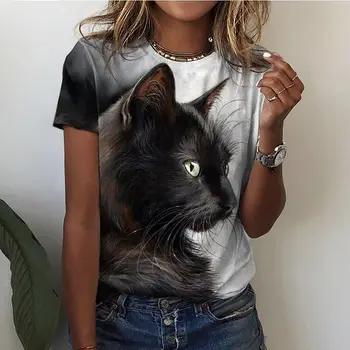 Женская футболка для девочек, Летняя Модная Повседневная Сексуальная Одежда с коротким рукавом для девочек, Футболка оверсайз с рисунком милого кота, Wowen's Top