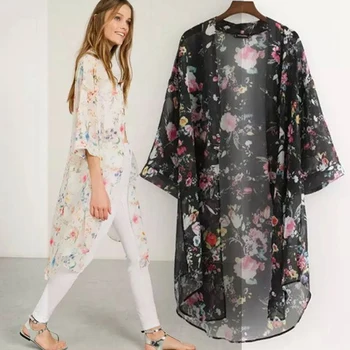 Женские винтажные шифоновые рубашки с цветочным рисунком, Свободная шаль, Кимоно, Кардиган, Топы в стиле Бохо, Длинная солнцезащитная куртка, блузка