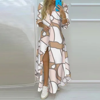 Женское Длинное платье-рубашка с принтом в стиле Бохо, Летнее Вечернее платье с отложным воротником и длинным рукавом, Женские Повседневные вечерние платья Макси, Vestidos