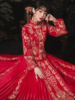 Женское Красное Китайское Традиционное Платье С Вышивкой, Свадебное Платье Невесты С Драконом И Фениксом, Винтажный Чонсам китайская одежда