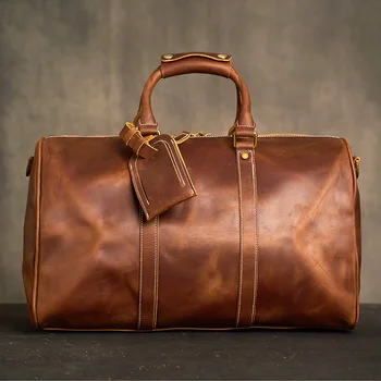 Мужская дорожная сумка из натуральной кожи Винтажная сумка-мессенджер Деловая поездка Большая вместимость Багажная сумка для ноутбука на 15 дюймов