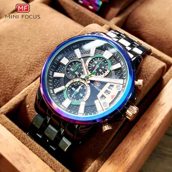 Мужские кварцевые часы с хронографом MINI FOCUS с браслетом из нержавеющей стали, роскошные спортивные аналоговые наручные часы с датой, черный Фиолетовый