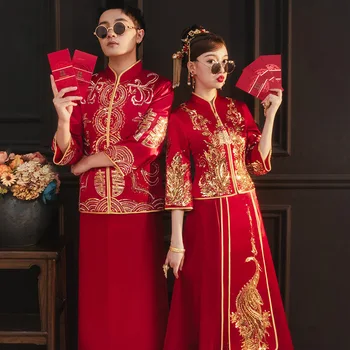 Ретро Китайское изысканное свадебное платье с пайетками и вышивкой бисером, традиционное платье для жениха и невесты Чонсам Свадебное платье