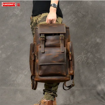 Ретро Кожаный мужской рюкзак Crazy Horse, мужская сумка для компьютера, сумки для ноутбуков большой емкости 15,6 дюймов, дорожные рюкзаки