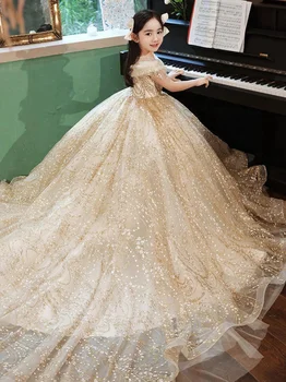 Роскошное бальное платье Принцессы с блестками цвета Шампанского, костюмы для Первого Причастия, выпускного вечера, платья для девочек с цветочным узором для свадеб