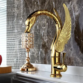 Роскошный золотой латунный смеситель для раковины в ванной комнате с изображением лебедя, смеситель для бассейна с холодной и горячей водой, высококачественный золотой кран