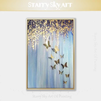 Ручная роспись художника, Высококачественная Абстрактная картина маслом в виде бабочки из золотой фольги, Абстрактное насекомое, сияющая бабочка, картина маслом