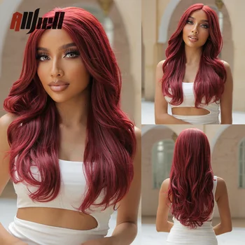 Темно-винно-красные синтетические парики на кружеве спереди, длинный волнистый парик на кружеве спереди для чернокожих женщин, Косплей, Ежедневное использование, Натуральные волосы, термостойкие