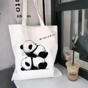 Холщовая сумка с милой пандой, кавайная панда, модная сумка для покупок и путешествий в стиле Харадзюку, большая многоразовая сумка-тоут.