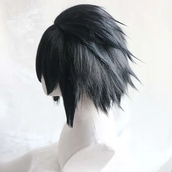 Черные короткие пушистые многослойные синтетические волосы, Парики для косплея Учиха Саске, термостойкое волокно + шапочка для парика