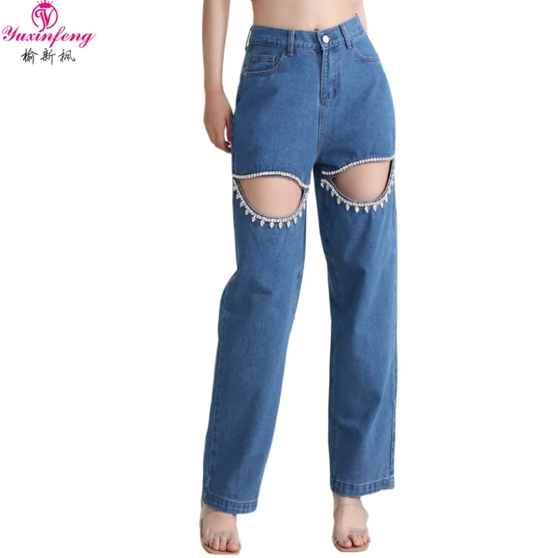 Женские джинсы Yuxinfeng 2023, Летний Новый Дизайн с бриллиантами и бисером, Прямые женские джинсовые брюки, Повседневные мешковатые джинсы синего цвета
